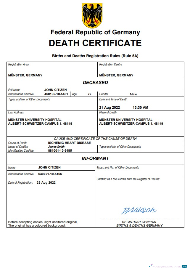 Download Germany death certificate Word and PDF template Photoshop template